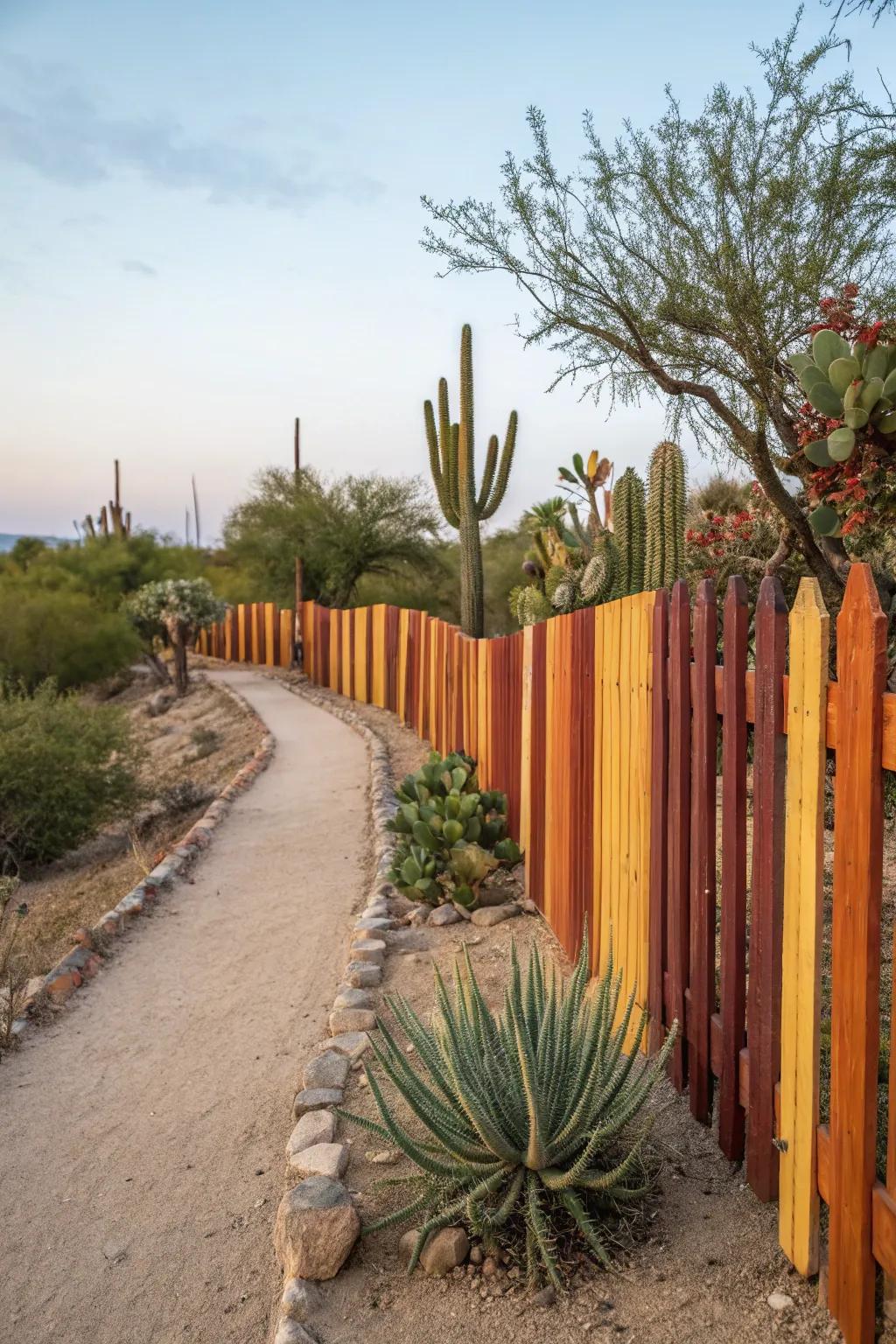 A painted wooden fence adds a splash of color to the desert landscape.