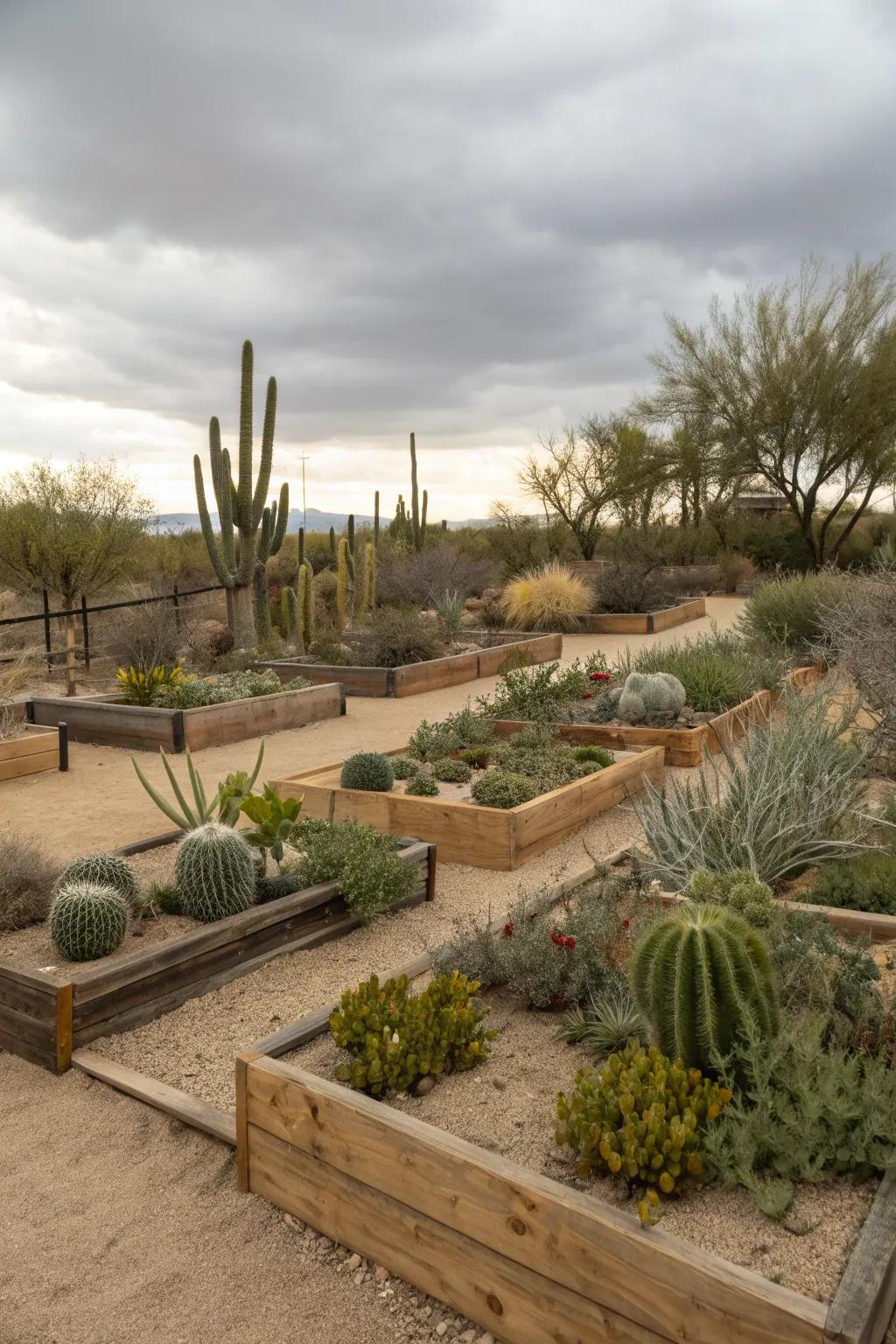 Raised beds add depth and interest to desert scapes.
