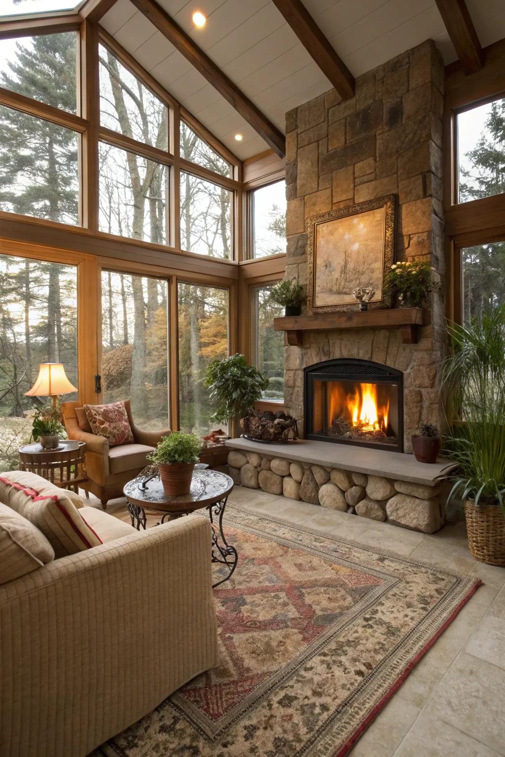 Cozy sunroom with a welcoming fireplace.