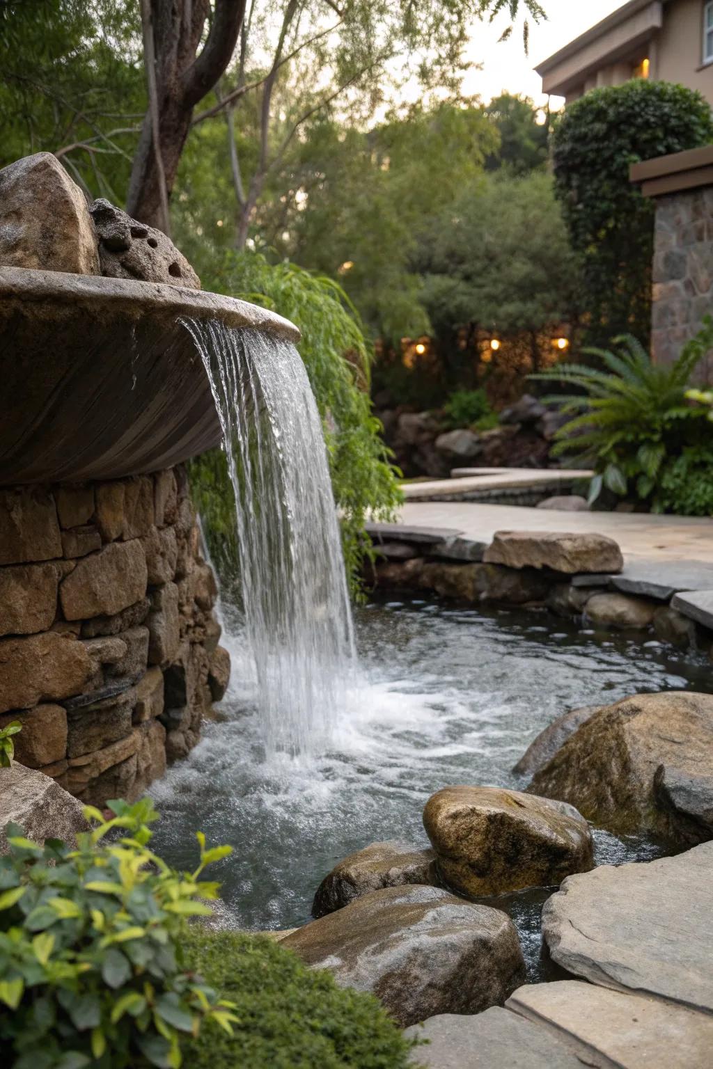 A cascading waterfall element adds visual and auditory appeal to a disappearing fountain.