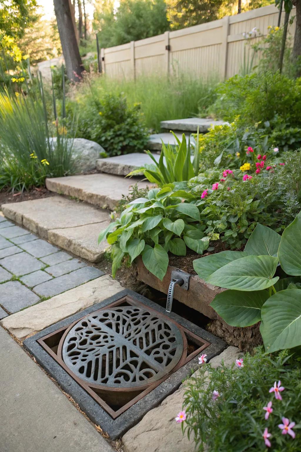A catch basin discreetly manages water flow, keeping the area dry.