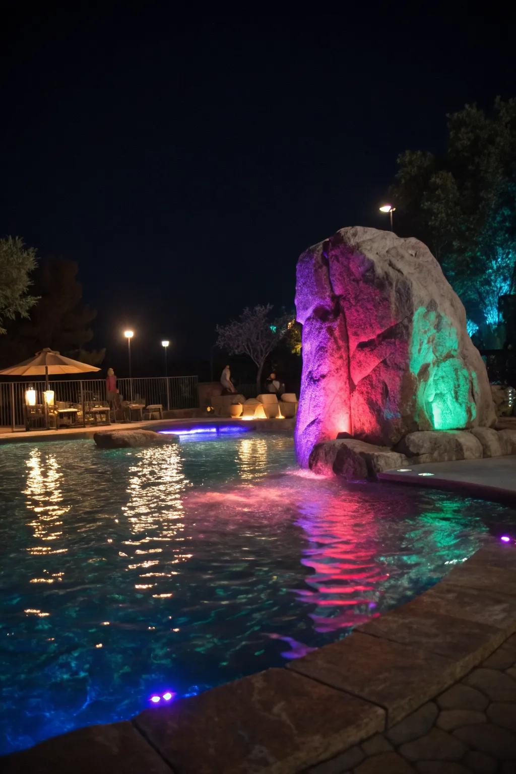 LED lights transform a diving rock into a nighttime spectacle.