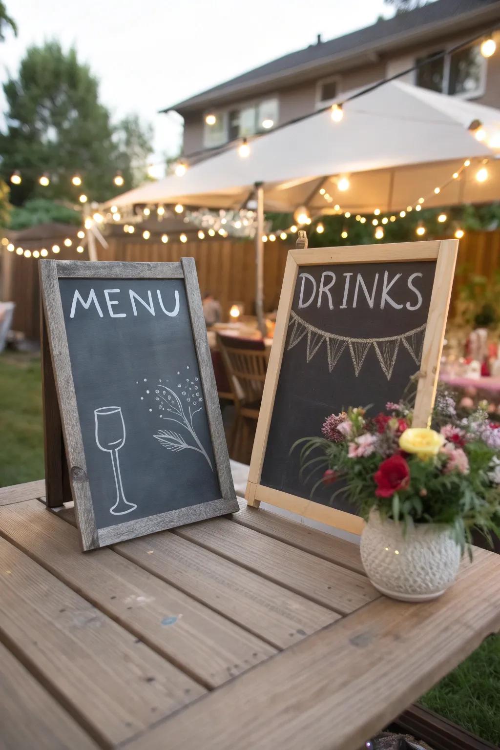 Chalkboard signs stylishly share party details.