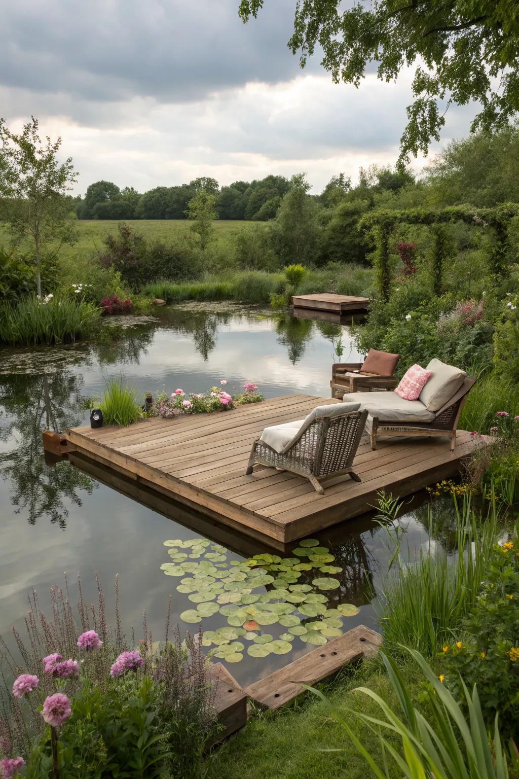 A reclaimed wood deck offers rustic charm by the pond.