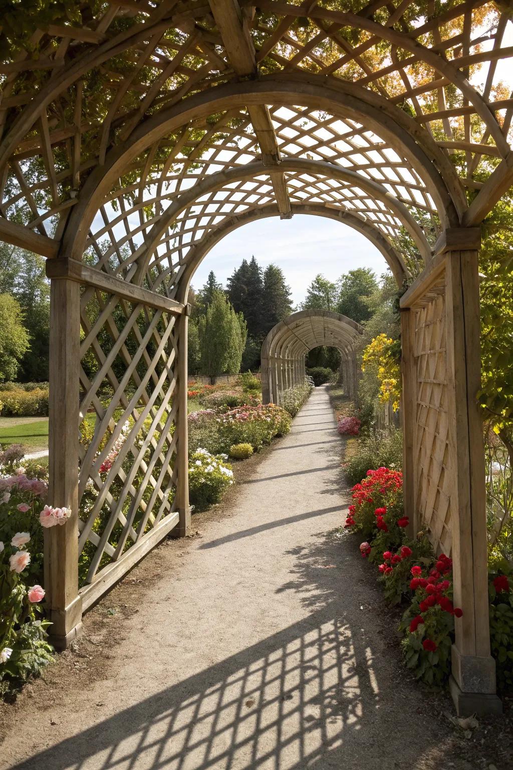 Lattice archways create enchanting garden entrances.