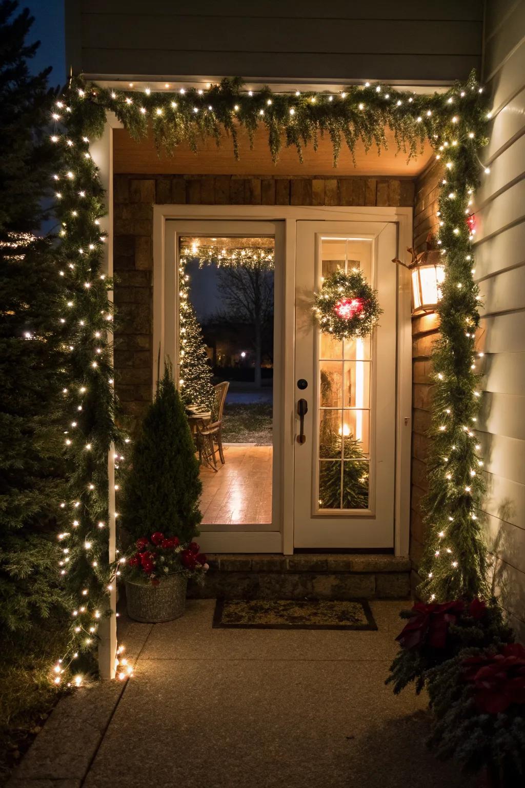 A lit garland makes your entrance glow with holiday cheer.