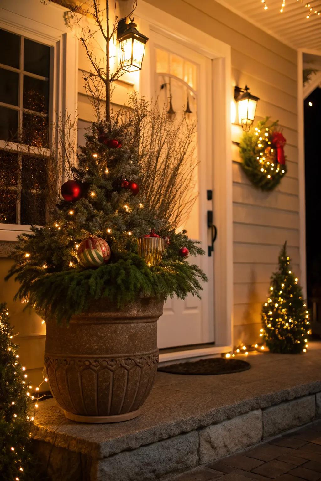 Entryway planters create a welcoming atmosphere.