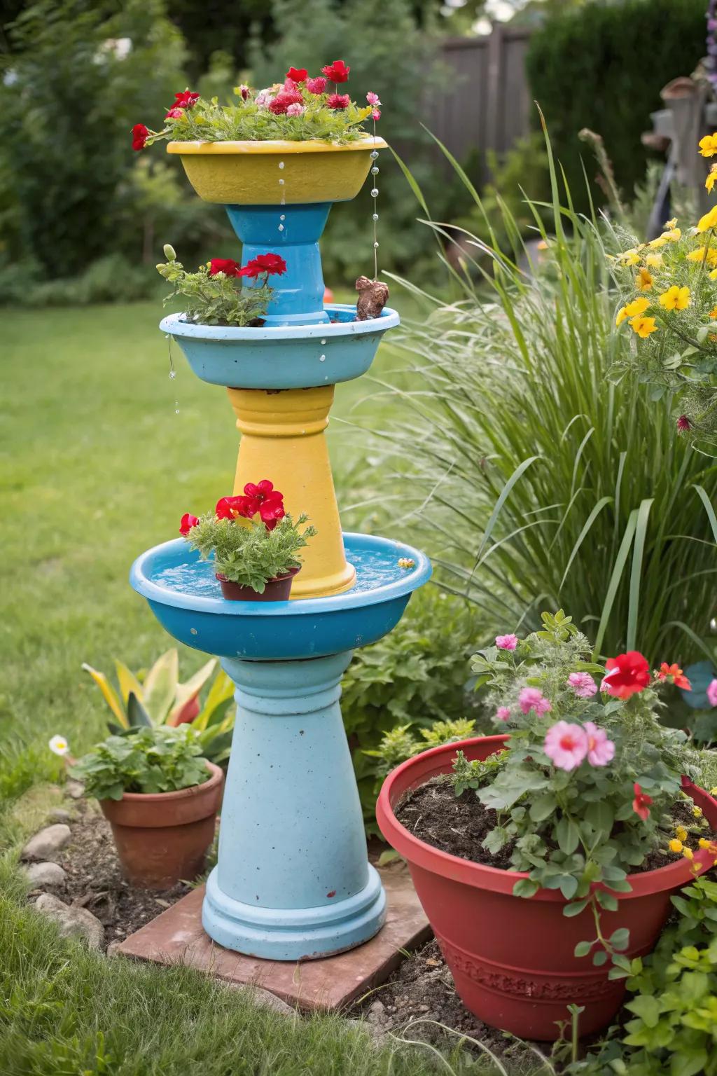A tiered pot bird bath brings height and dimension.