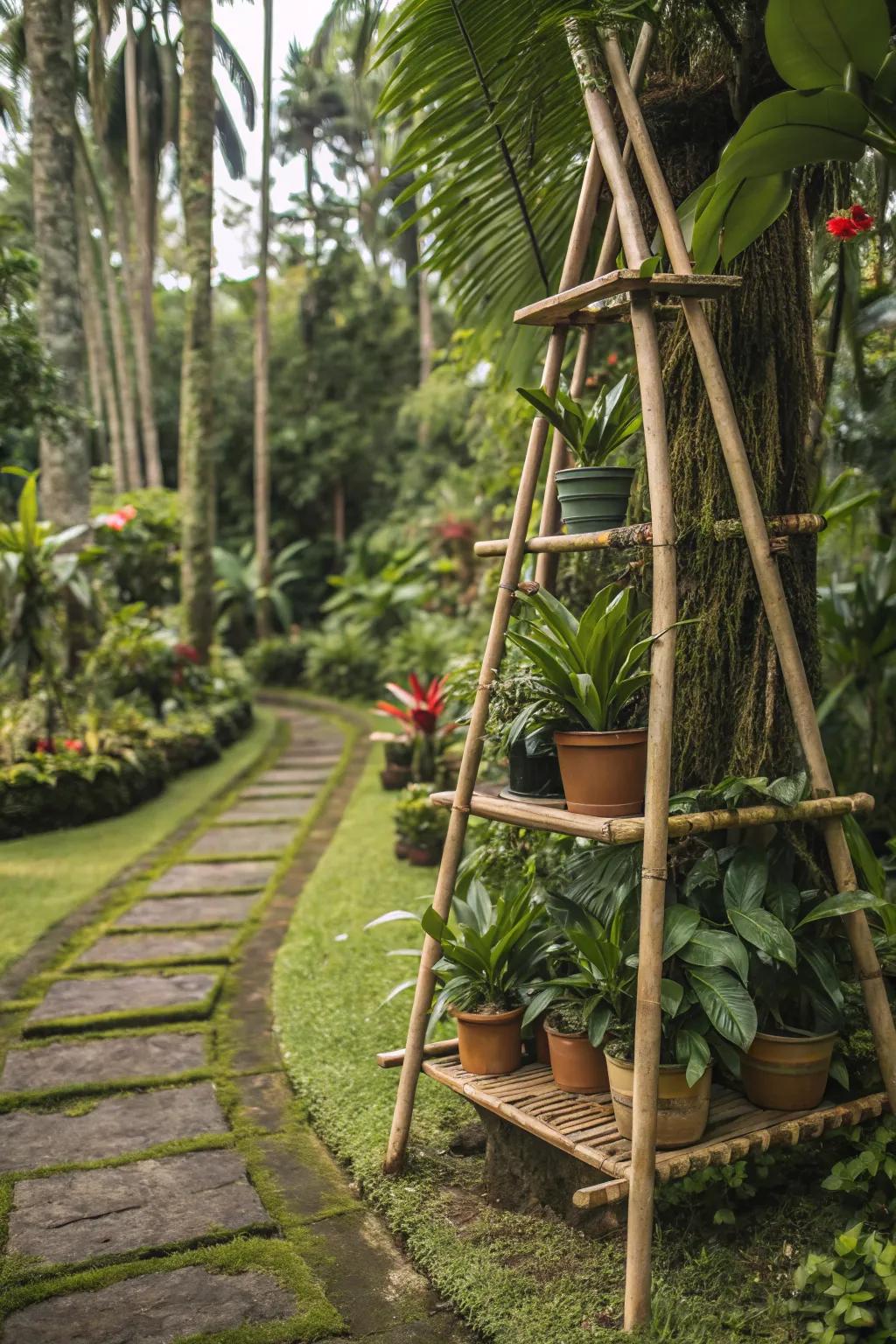 Bring the tropics to your garden with a bamboo A-frame display.