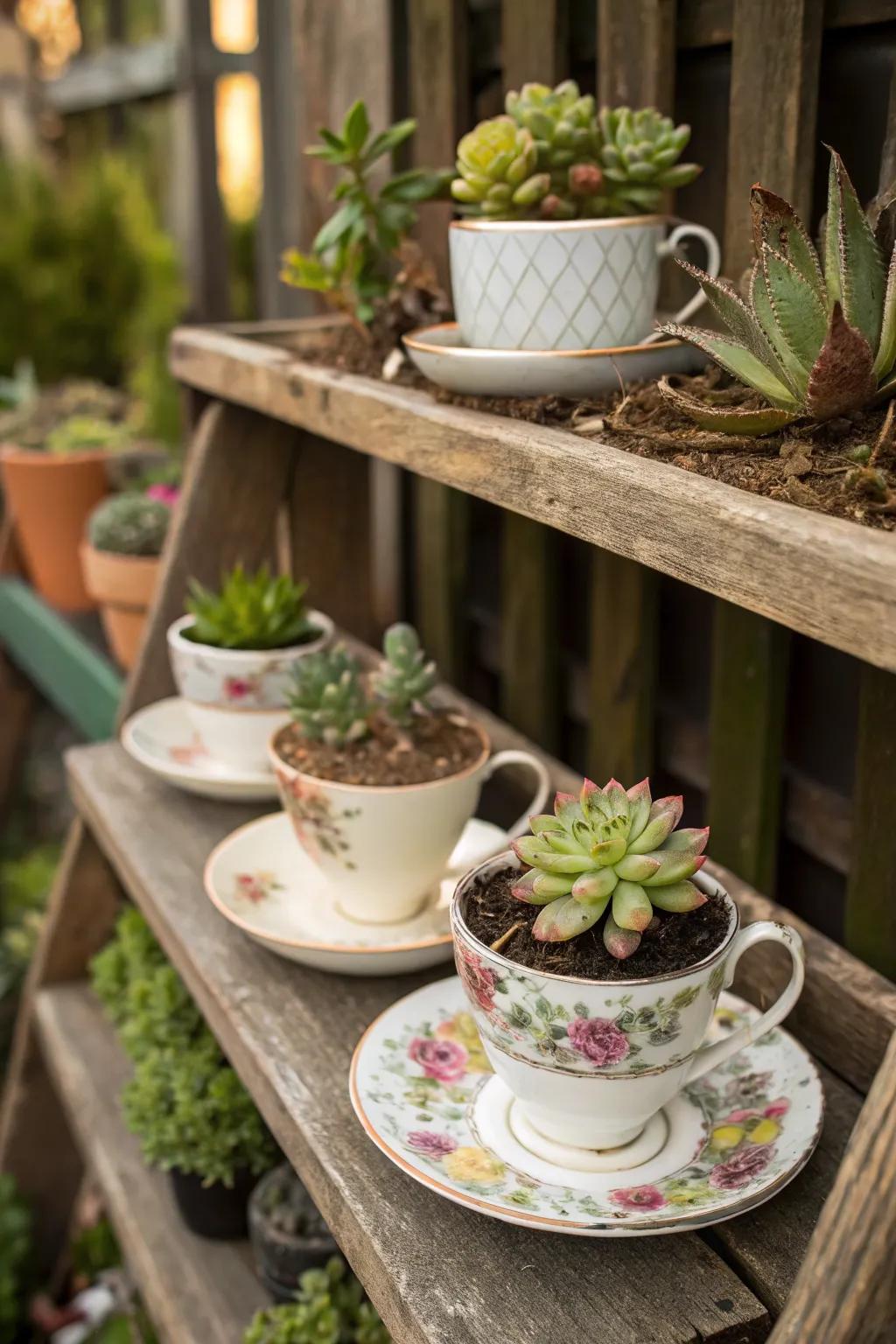 Teacup planters bring a vintage charm to small spaces.