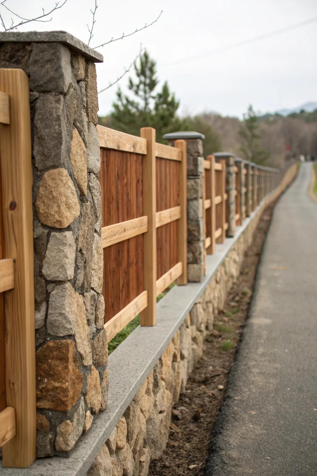 Combine wood and stone for a visually striking fence.