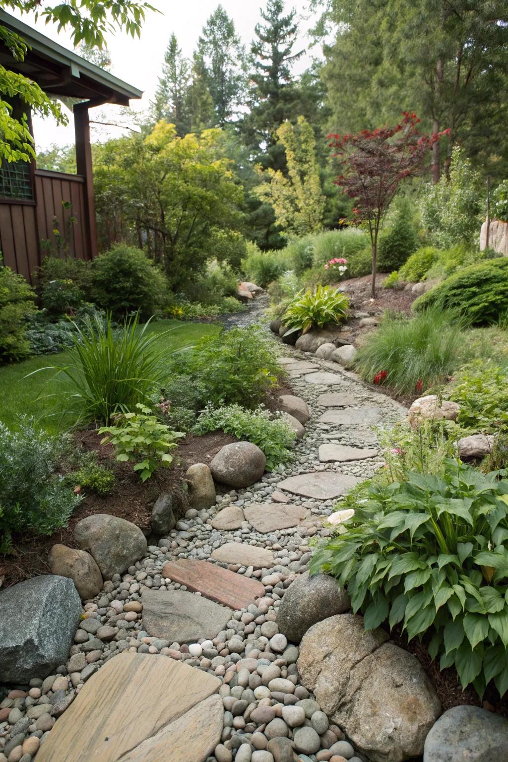Dry creek beds add rustic charm and functionality.