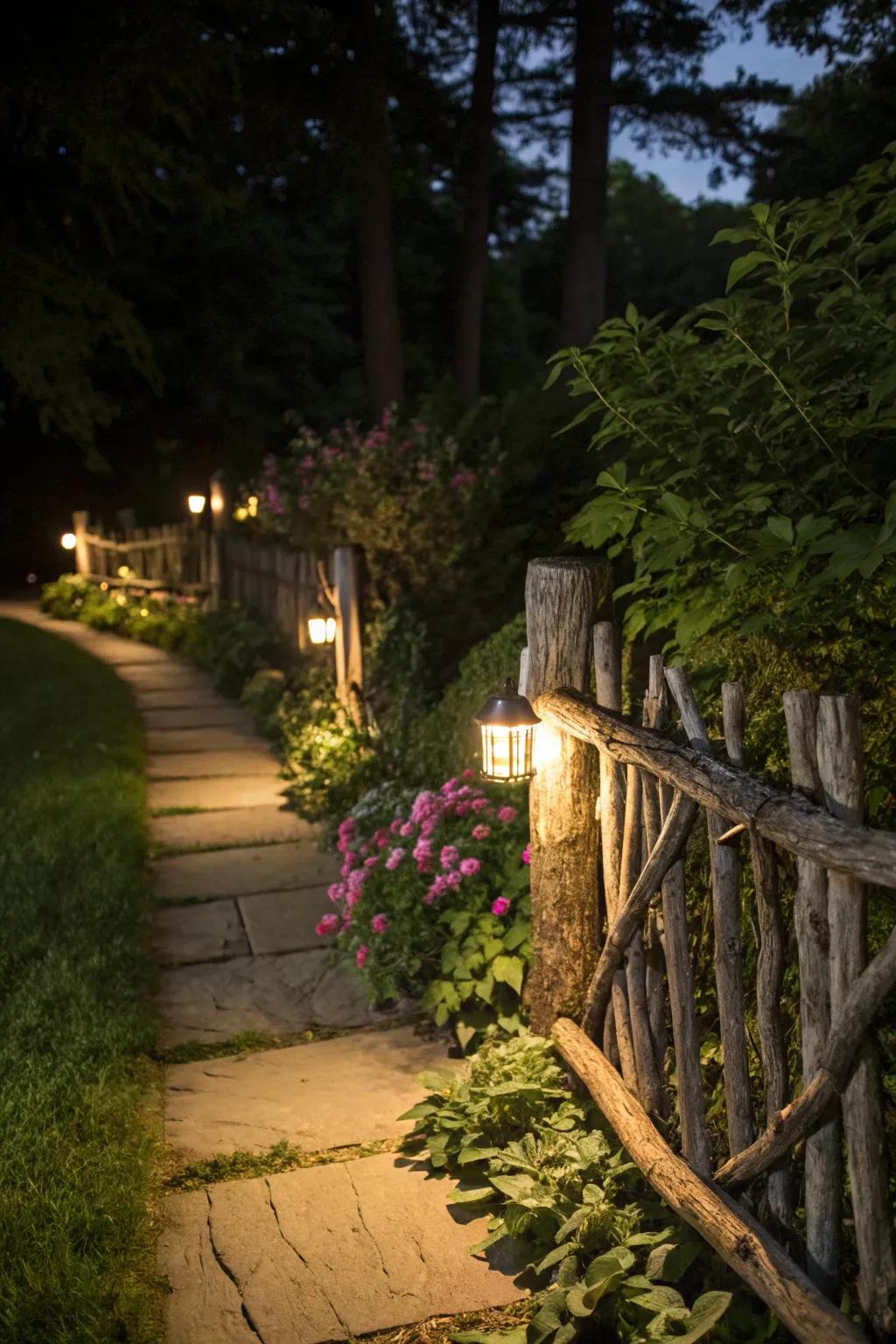 Lighting transforms a driftwood fence at night.