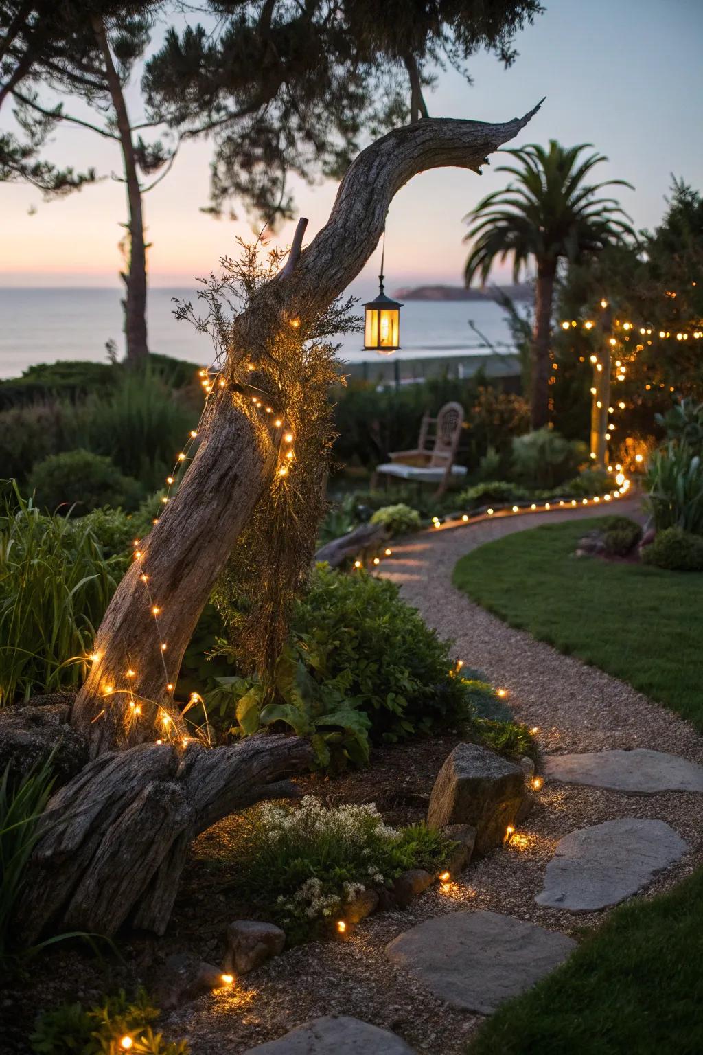 Enchanting garden lighting with driftwood and fairy lights.