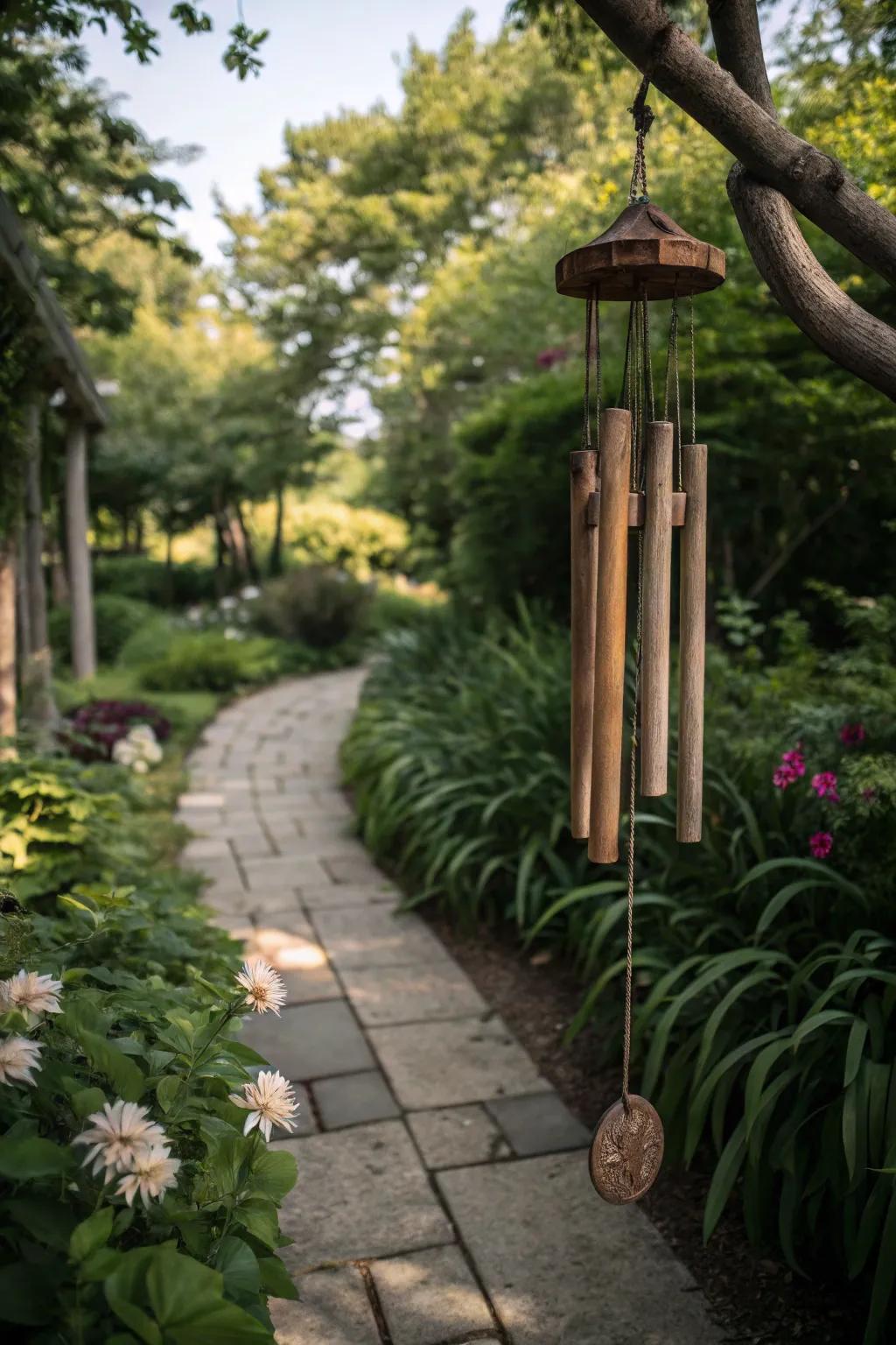 Driftwood wind chimes adding melody to the garden.