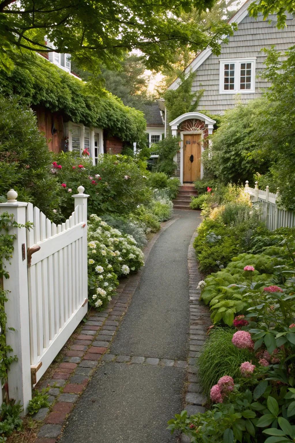 Greenery softens driveway borders with a natural touch.