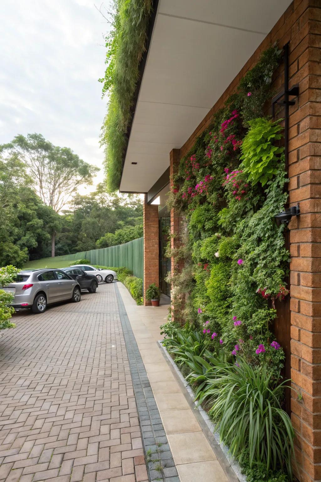 Vertical garden elements bring lush greenery to the driveway's brick wall.
