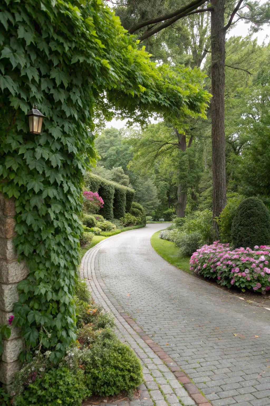 Natural elements like vines enhance the harmony between driveway covers and gardens.