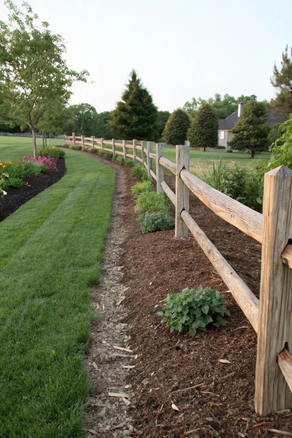 Mulch adding a polished look to the base of a split rail fence.