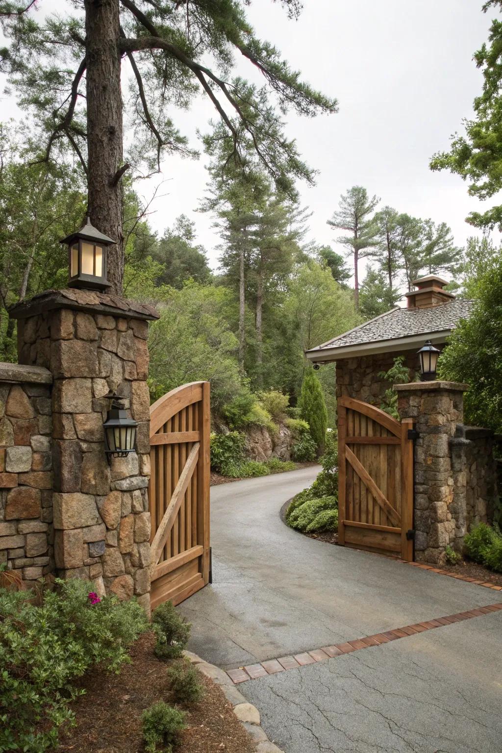 A gate that beautifully integrates stone and wood.
