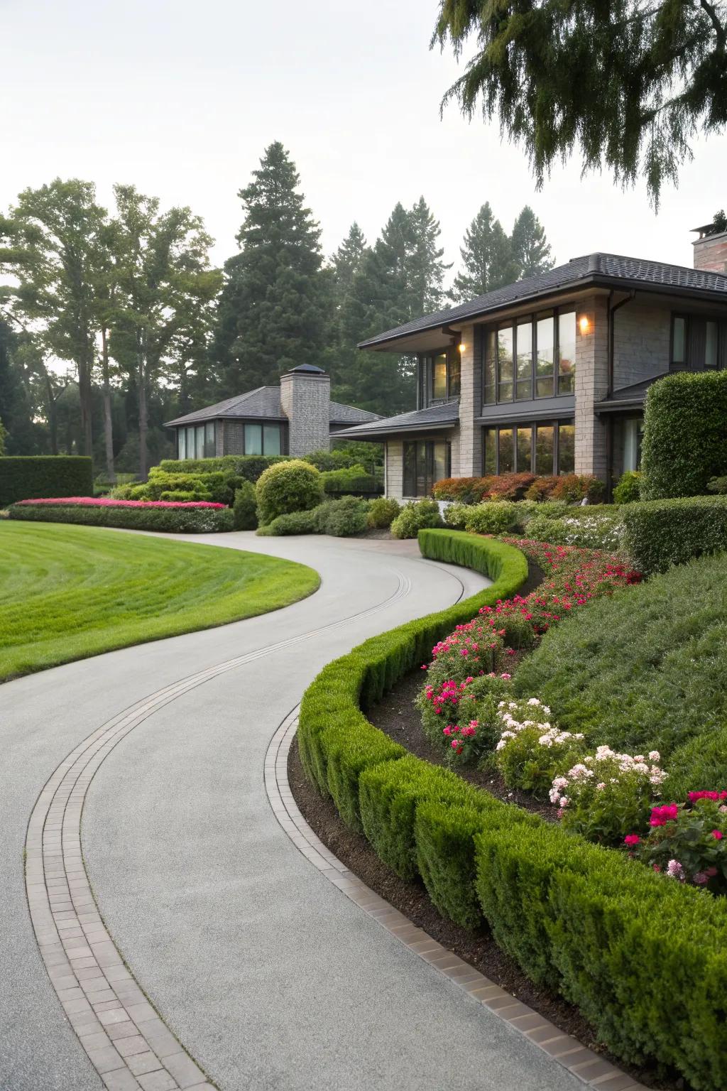 A stylish home with a gracefully curved driveway