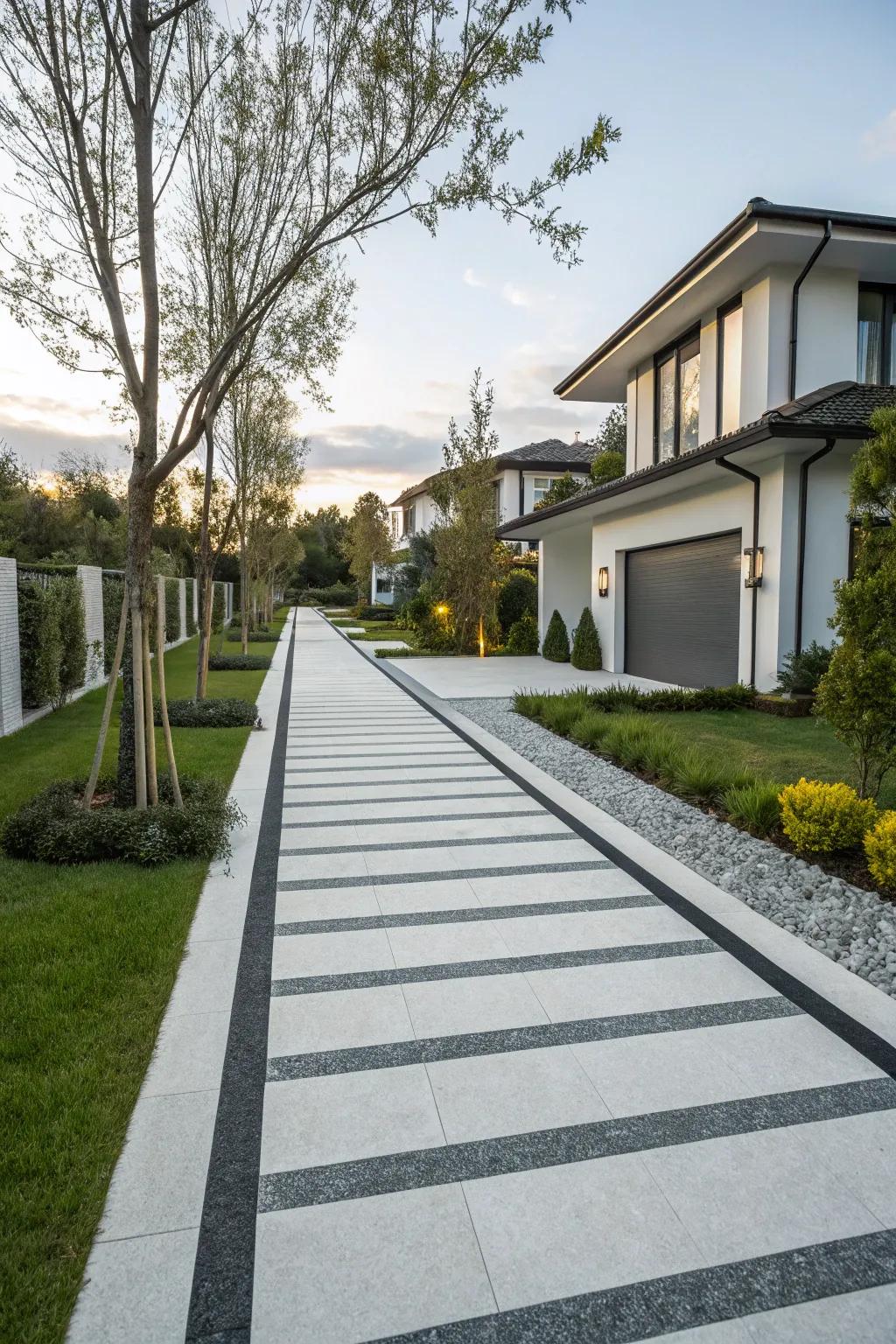 A driveway with sleek and minimalist linear stripes.