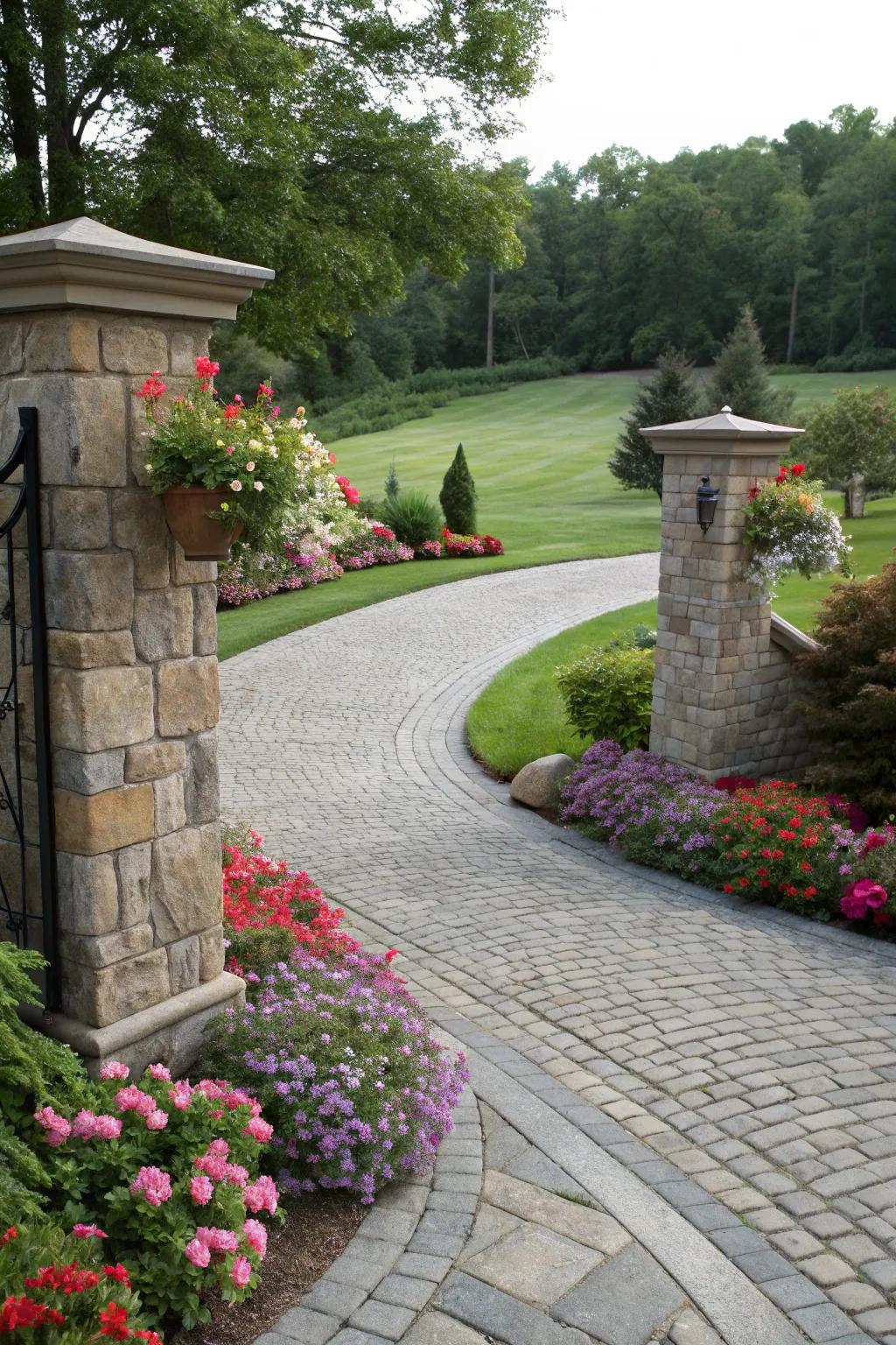 Curved pillars add a unique and inviting touch to the driveway.