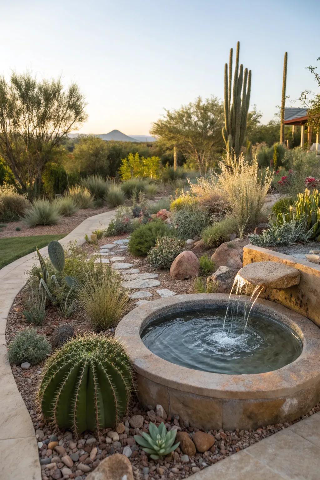 A sustainable water feature adds tranquility without wasting water.
