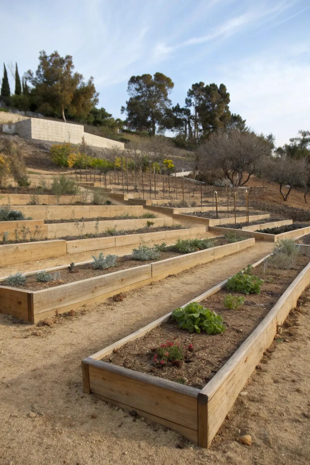 Different levels creating dimension in a dry garden.