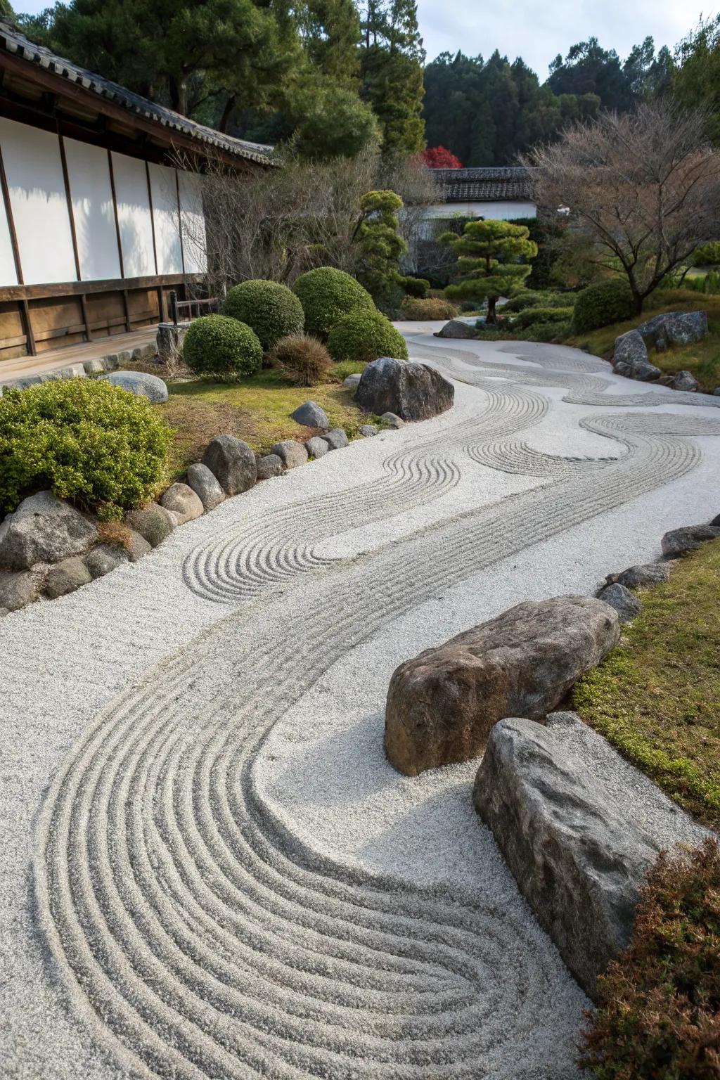A Zen-inspired dry river bed offers a tranquil garden retreat.
