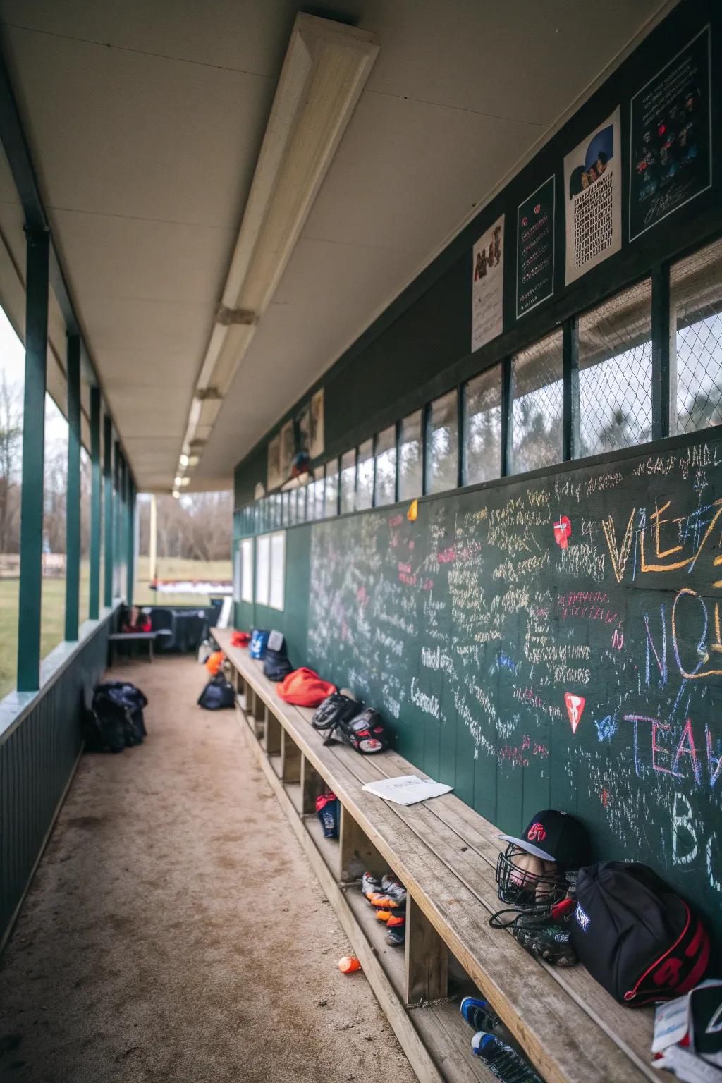A chalkboard wall invites creativity and strategy in the dugout.