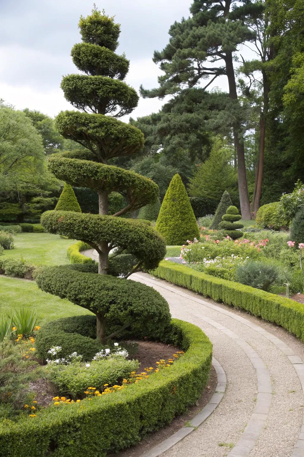 Artistic spiral topiary created from a dwarf Alberta spruce.