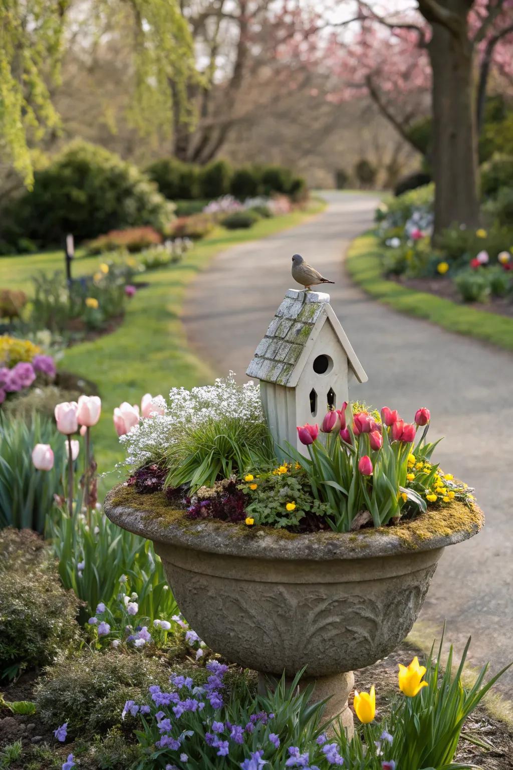 A whimsical birdhouse planter inviting nature into your garden.