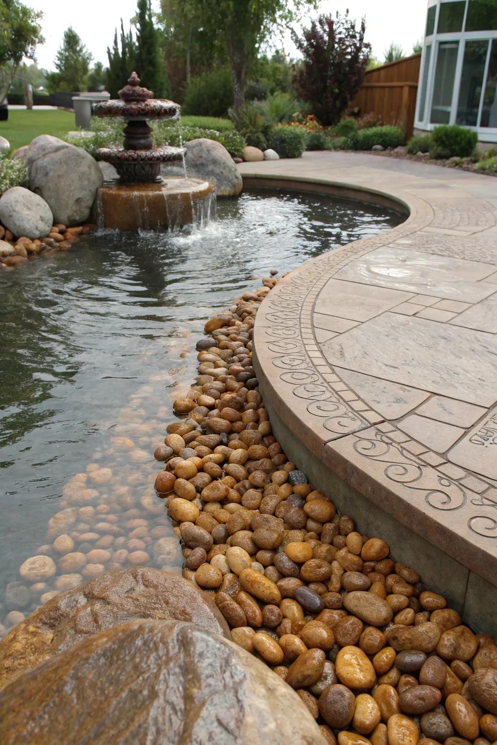 An elegant water feature area featuring chestnut pebble texture stamped concrete.