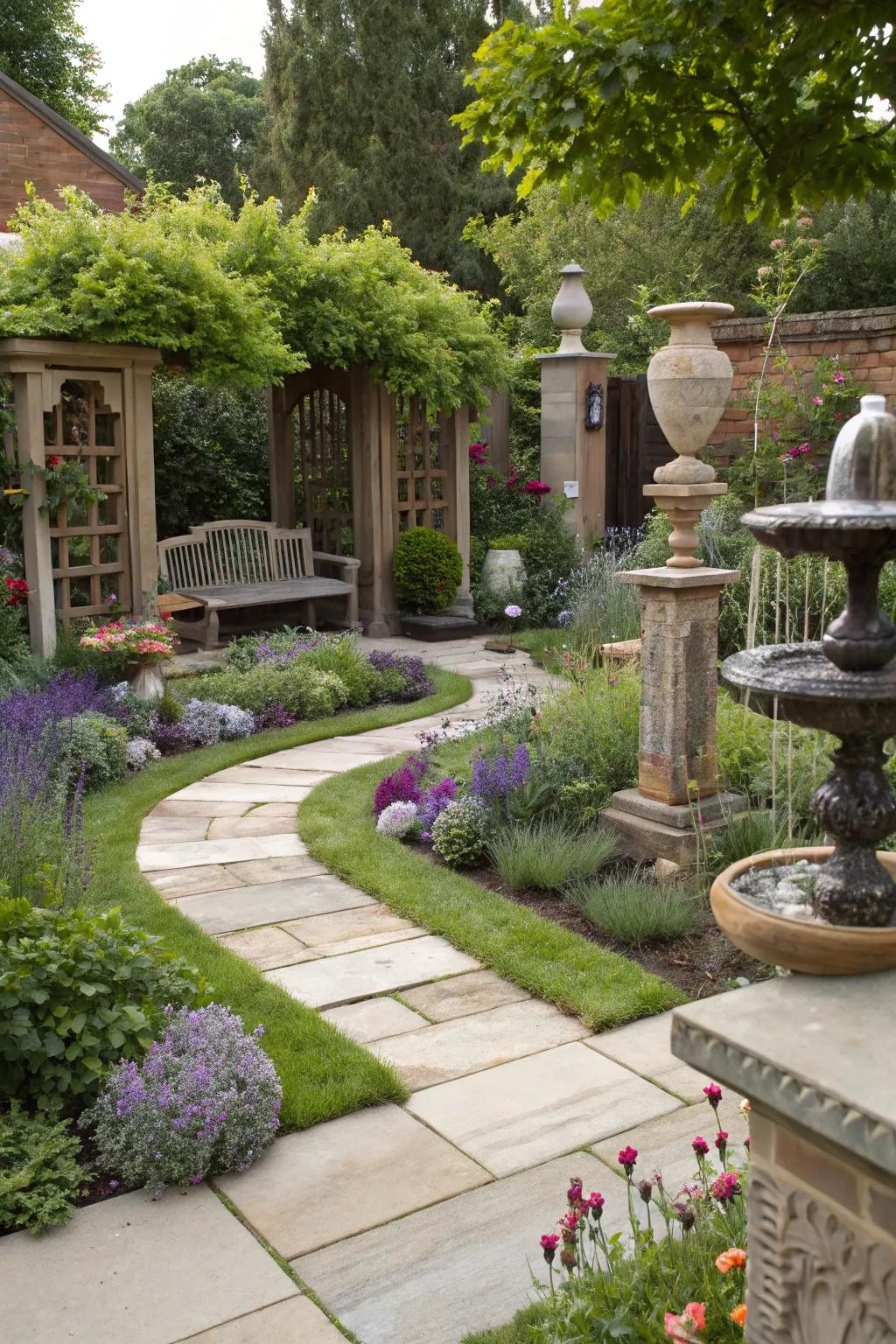 An eclectic mix of styles creates a unique and inviting garden atmosphere.