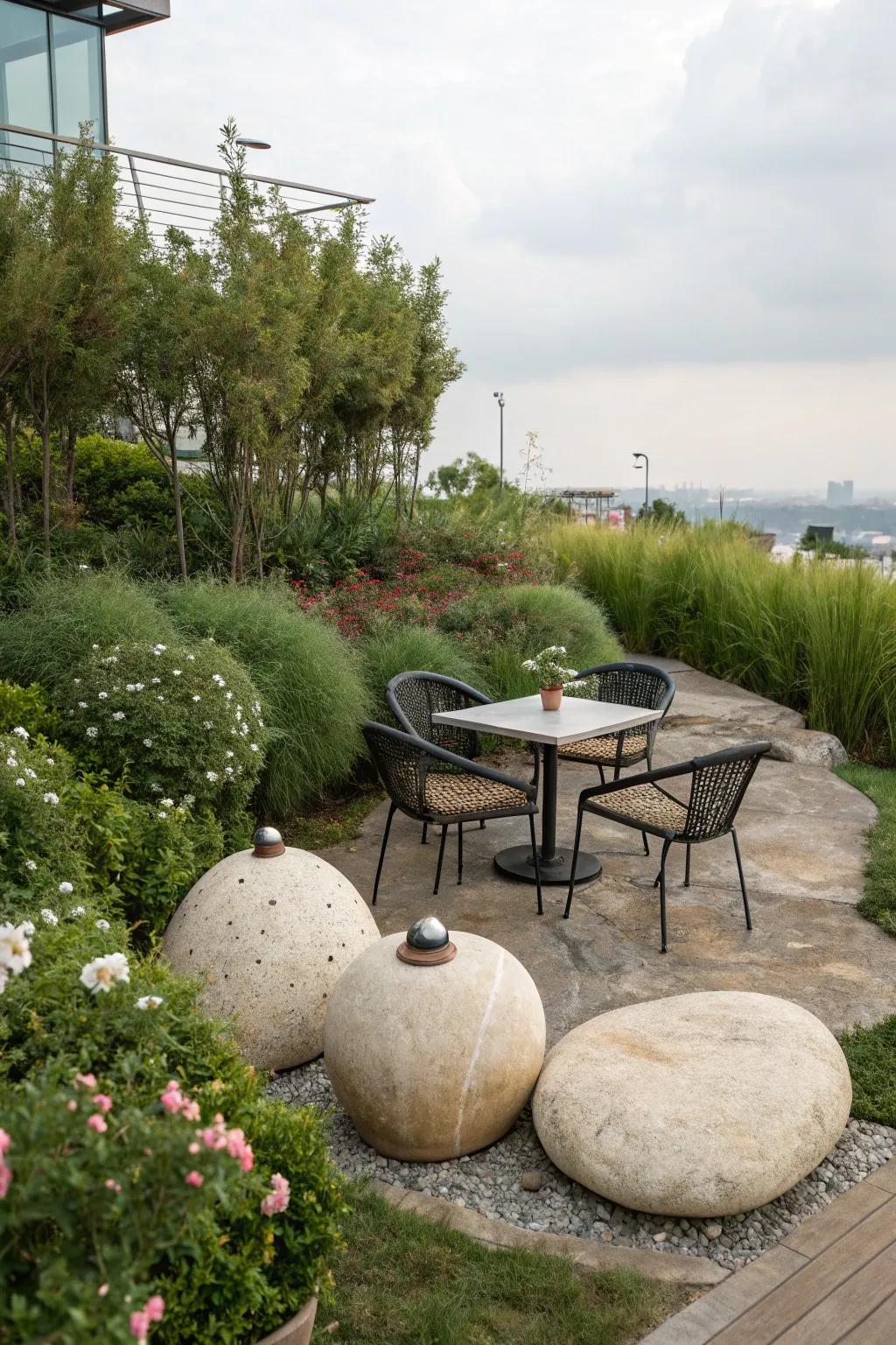 Create a welcoming seating area with egg rocks.