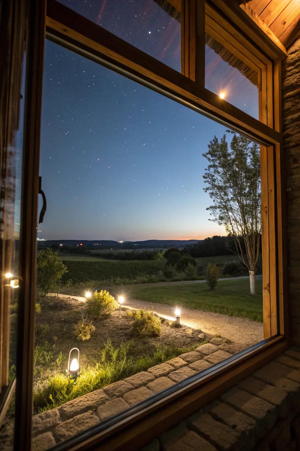 Exterior lighting enhances safety and ambiance around egress windows.