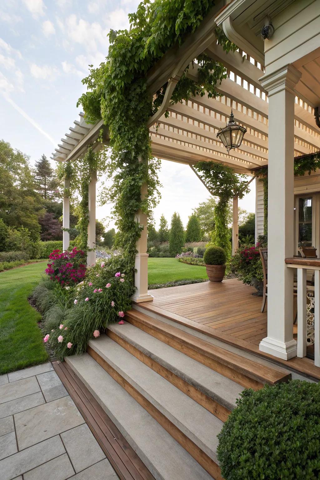 A pergola adds elegance and shade to an elevated porch.