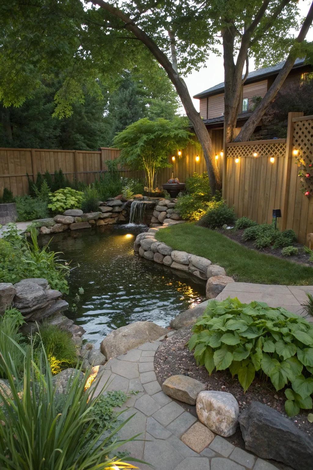 A serene water feature in the backyard, adding tranquility.