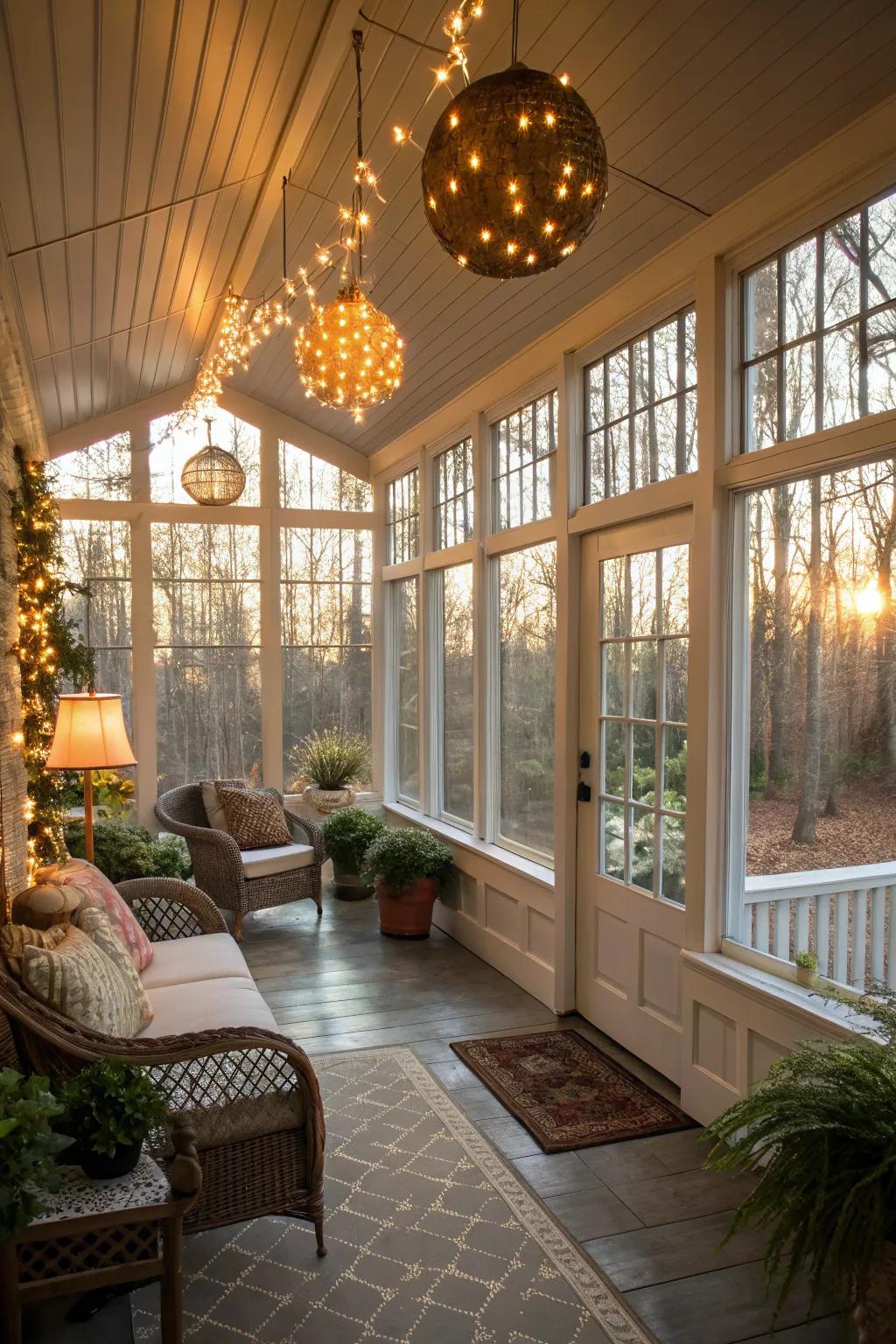 Ample lighting transforms the porch into a welcoming space.