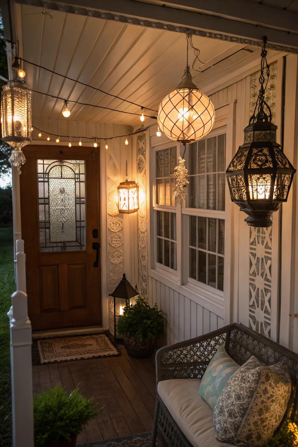 Decorative lighting fixtures enhancing the ambiance of a small enclosed porch.