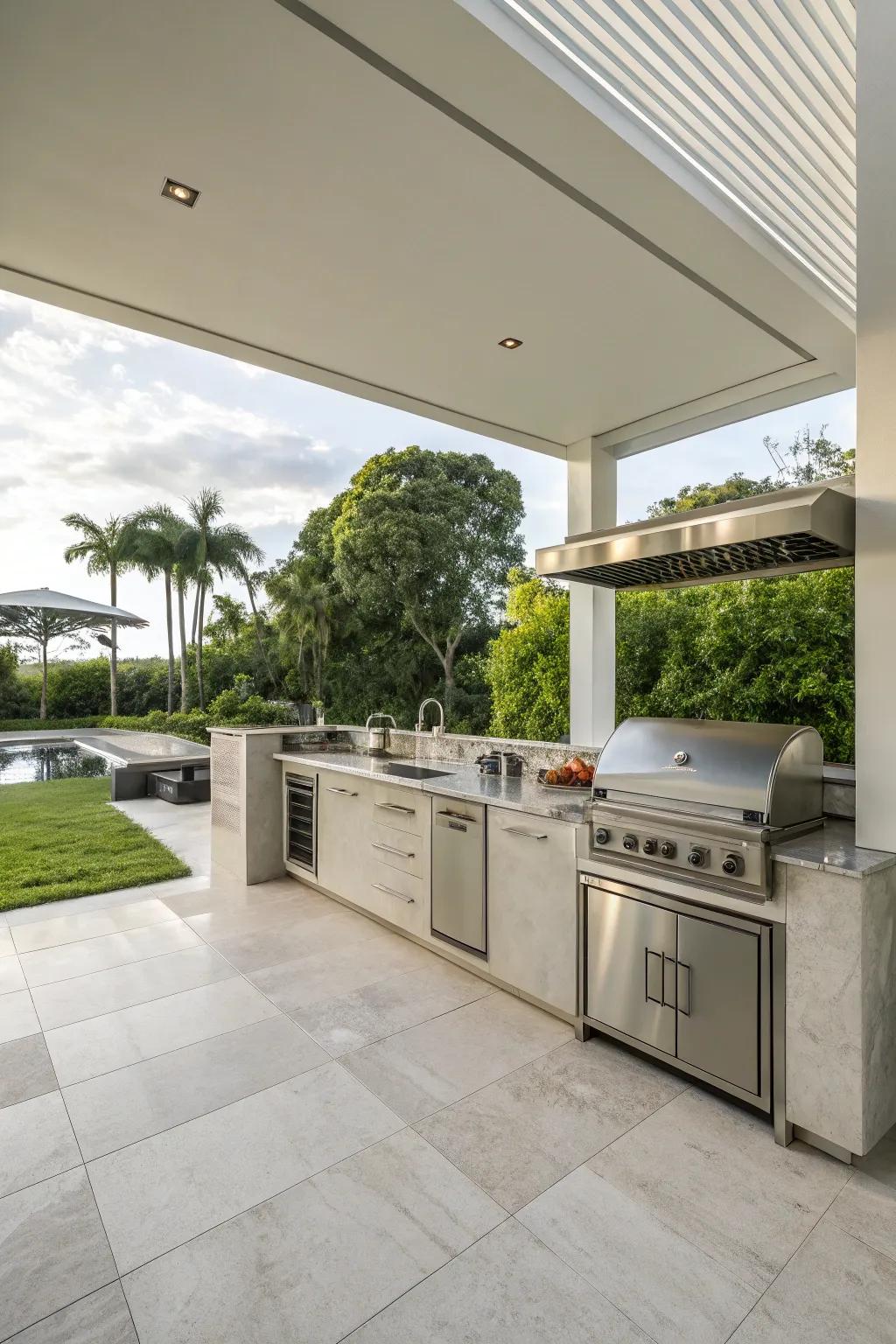 Modern stainless steel appliances give this outdoor kitchen a sleek look.