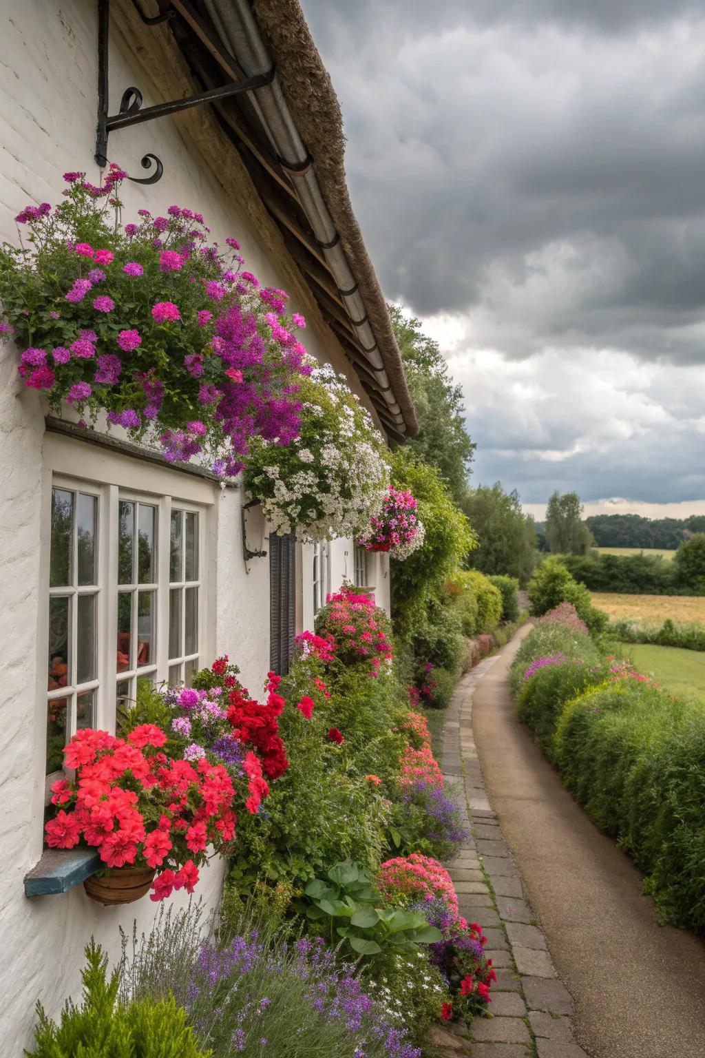 Colorful window boxes brighten up the cottage facade with floral delight.