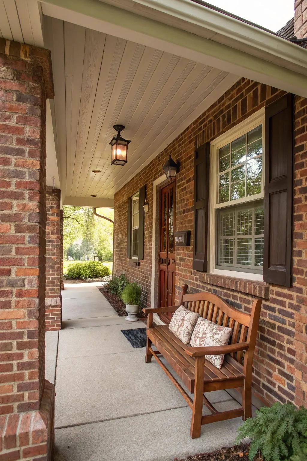 A covered porch with brick accents creates a cozy retreat.