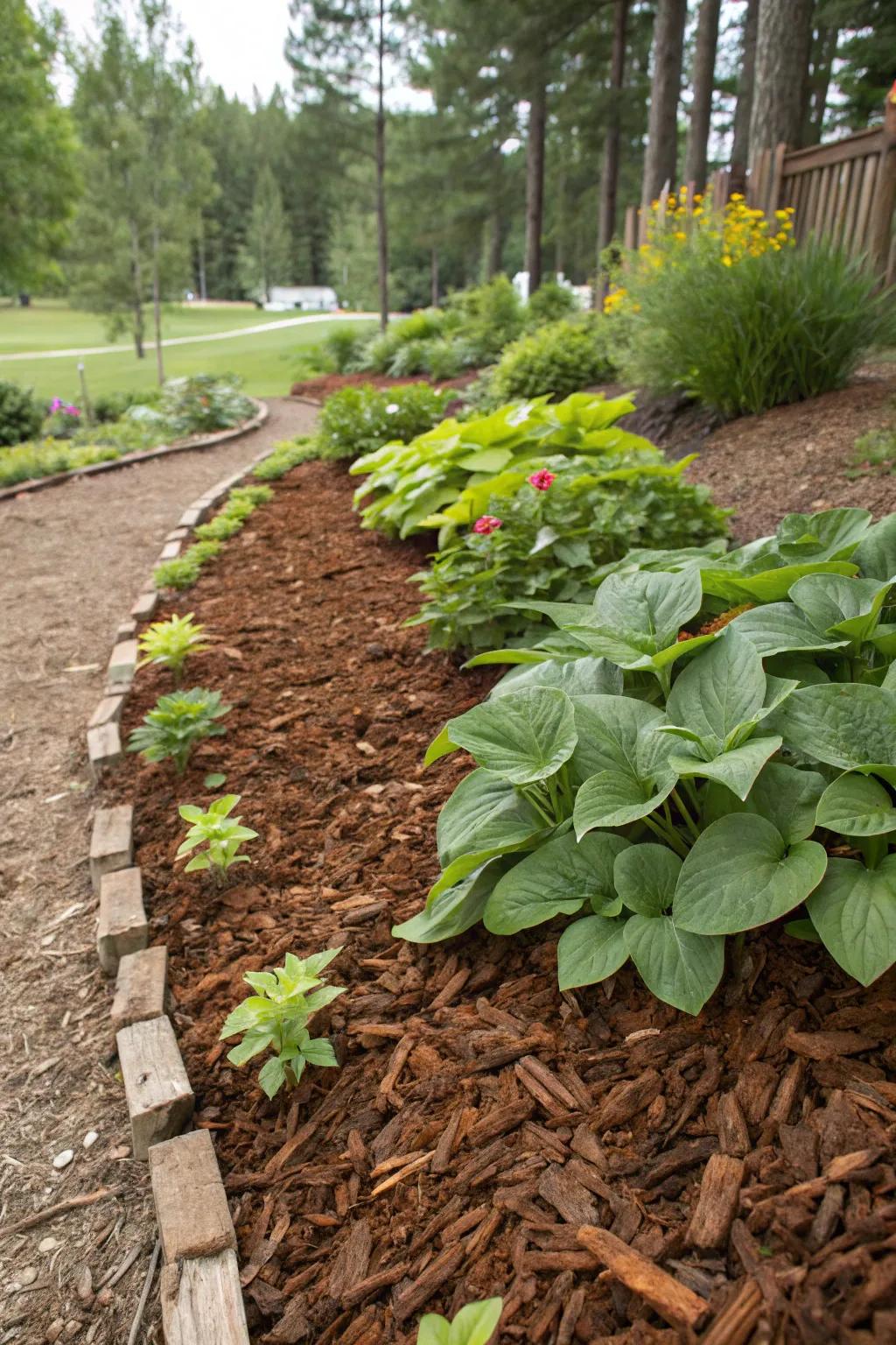 Rich mulch covering garden soil, preventing erosion.