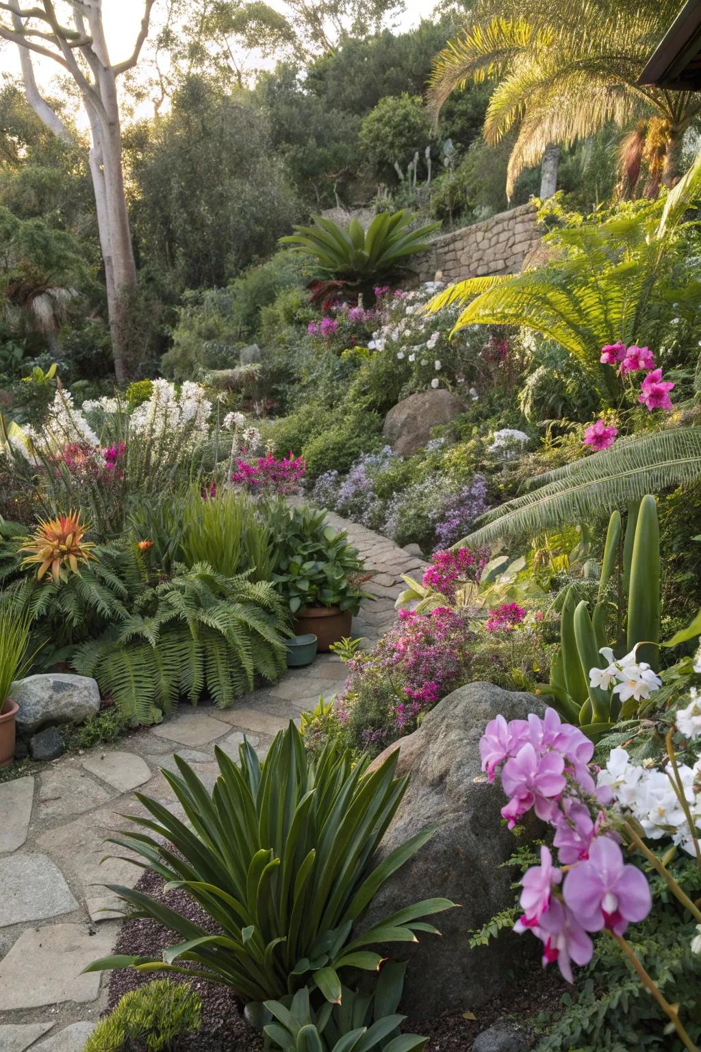 A garden rich in diverse plant species, showcasing a blend of local and exotic flora.