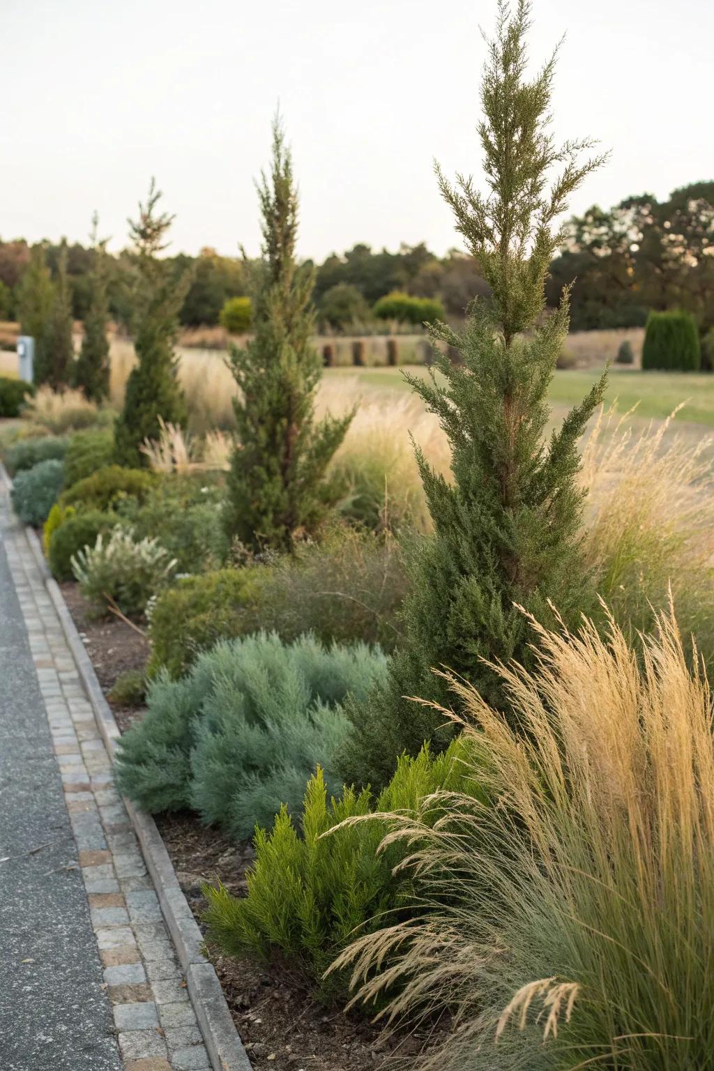 Junipers and grasses create a wild, natural border.