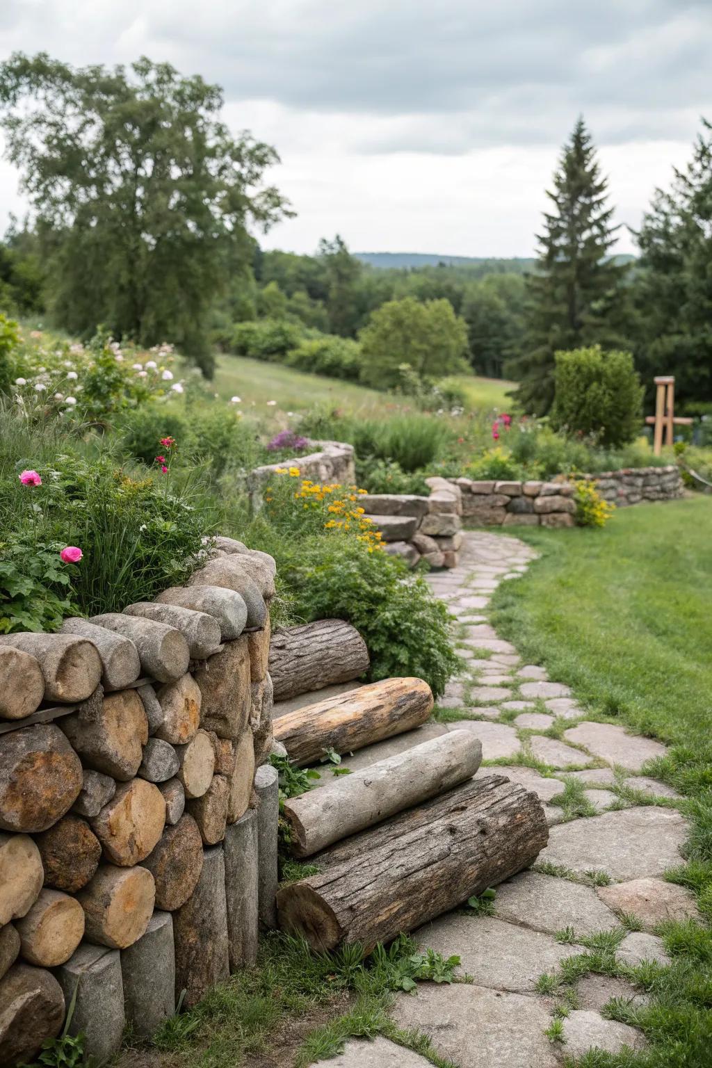 Rustic logs and stones serving as charming focal points.