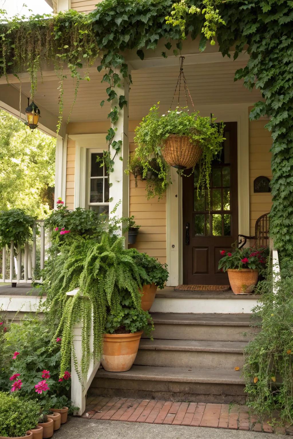 Hanging plants and vines add elegance and nature.