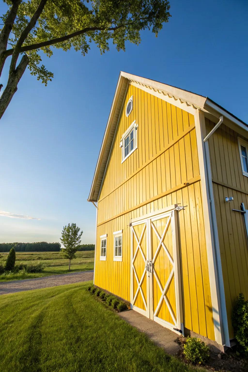 A sunny yellow barn that radiates joy and positivity.